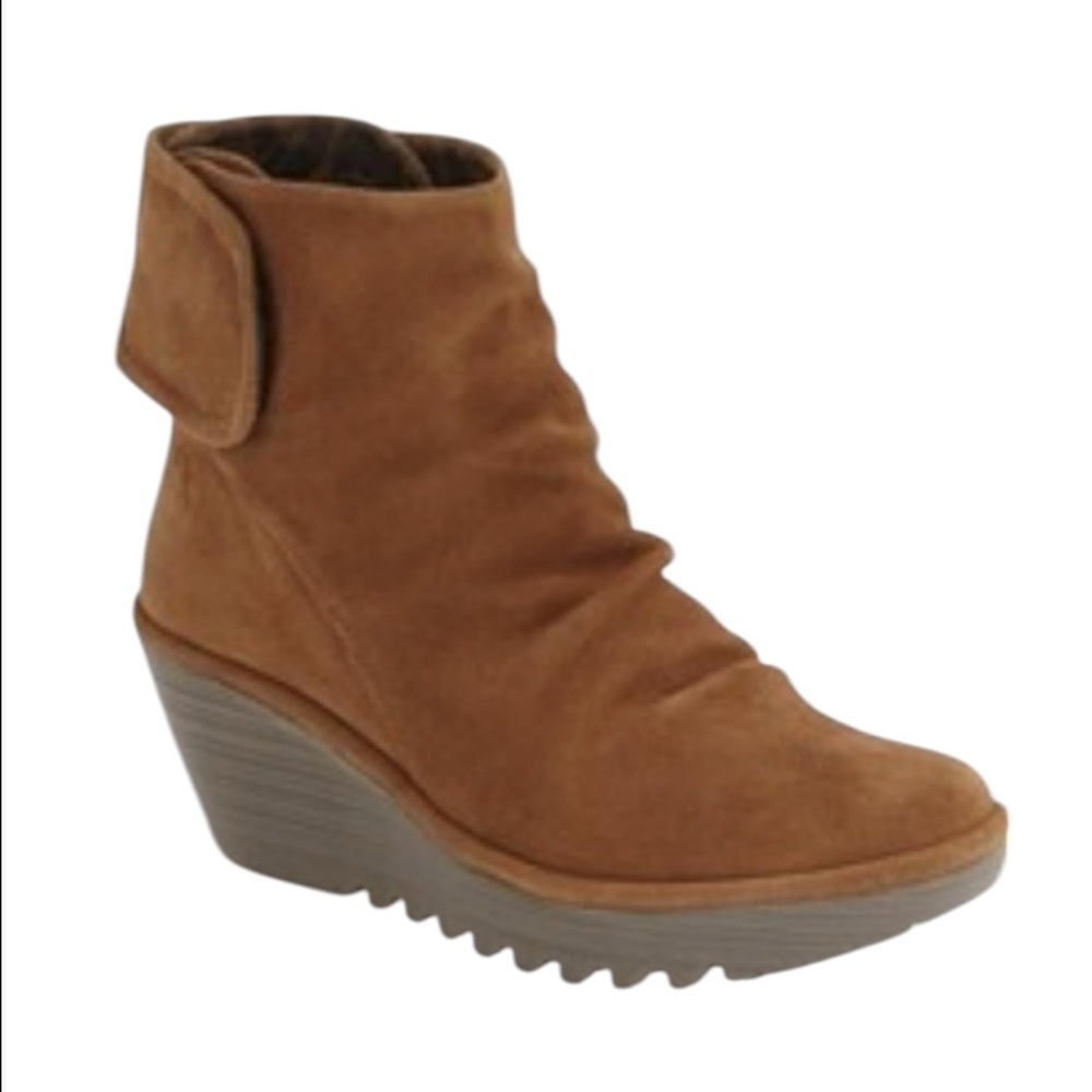Fly London Yegi Wedge Booties Cognac Brown Suede Size‎ 37